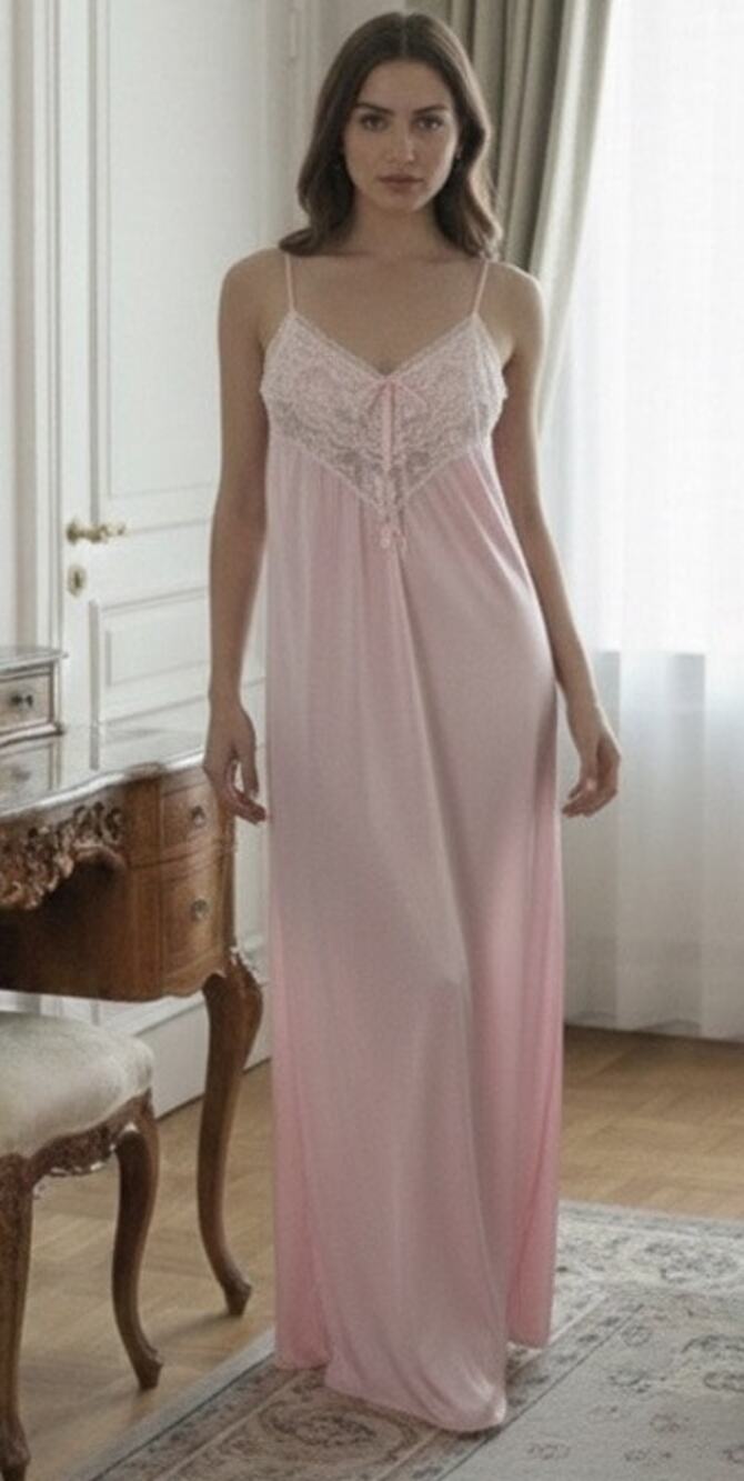 Vintage 70's Strappy Pink Chemise/Nightgown with Lace Neckline